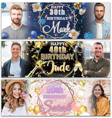 2 Personalised Happy Birthday Photo Banner Custom Photo Name Age Poster Kids Party Banner Gift Decoration-18th 20th 30th 40th 50th 60th 70th