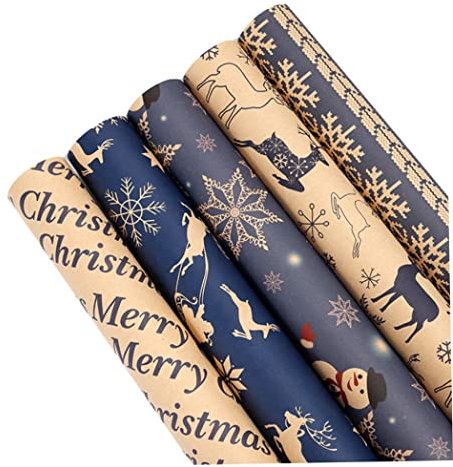 Weihnachten Wickpapier Weihnachtspapier Papierblätter Geschenkverpackung Recycling Kraftpapier Weihnachtspapierpapierrolle für festliche Dekoration 5 Blätter