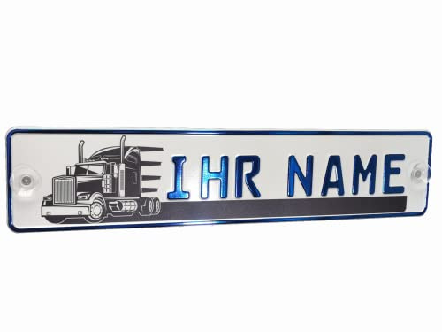 LKW Truck Fahrerschild Schild Namensschild mit Name oder Text Funschild Fun Schild Wunschtext AUTO Trucker Car Blau, Geburtstag Geschenk