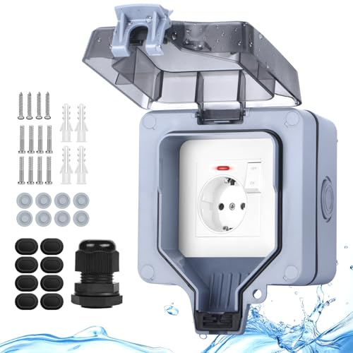 2024 Enchufe exterior Impermeable con interruptor y luz indicadora IP66, enchufe exterior de superficie para jardín al aire libre con cubierta abatible de cierre - Enchufe individual de pared