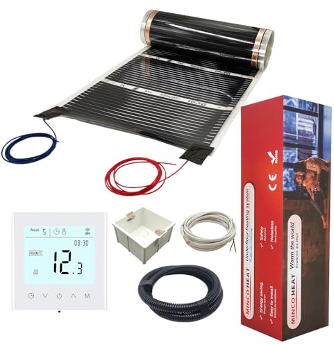 MincoHeat 220Wm² Preattached Heating Film with WiFi Thermostat Kit 3m² | Includes flush mount boxes, corrugated pipe, 3m temperature sensor, easy installation, energy saving, for underfloor heating
