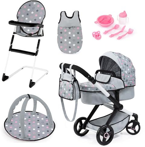 Bayer Design 17007AB Puppenwagen Xeo, Verstellbarer Griff, Schwenkschieber, wandelbar als Jogger, Schlafsack, Hochstuhl, Spielbogen, Puppenzubehör, Grau