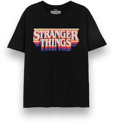 Stranger Things T-Shirt Unisexe | T-Shirt Graphique à Manches Courtes à Logo rétro pour Adultes en Noir | Hawkins Vintage Classique des années 80 Old School vêtements Top | Merchandise TV Netflix