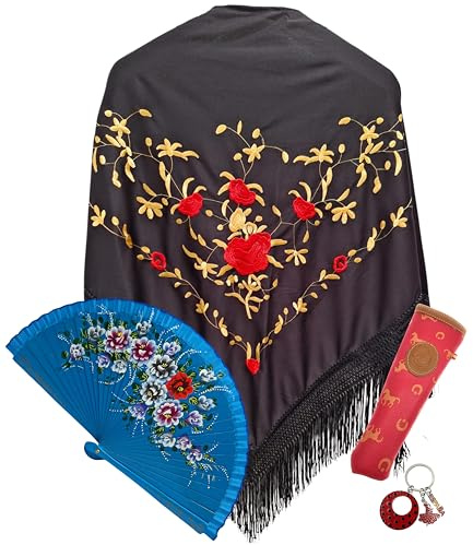Planta Color Mantón Flores, Abanico de Madera con Flores pintadas a Mano, Funda Artesanal para Abanico Hecha en España y LLavero Estilo Flamenco (Negro DoradoR Surtido)
