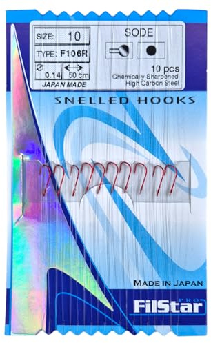 PRO FILSTAR Rotes Angelhaken Set mit Vorfach 10 STK, N10, Mono Angelschnur | 50cm,DIA 0,14mm - Schleien & Weißfische Gebundene Haken - Fishing Hook - Vorfachschnur - Monofiler Vorfächer - Sport Set