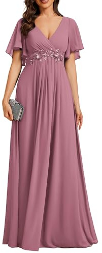 Ever-Pretty Vestito Donna Elegante Scollo a V Maniche a Volant Stile Lungo Abito Cerimonia Donna Orchidea 40