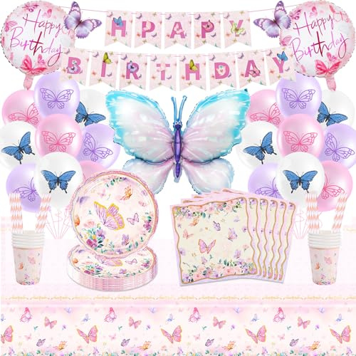 Schmetterling Geburtstag Deko Kindergeburtstag Geschirr Mädchen-103Pcs Schmetterlinge Partygeschirr Set mit Luftballon Balloon Geburtstagsdeko Girlande Pappteller Tortendeko Party Deko für 20 Gäste