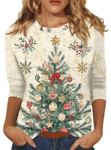 HSUAYEUD Christmas Jumpers for Women 3/4 Sleeve Top UK Snowflake Print Womens T-Shirts Casual Tunic Top