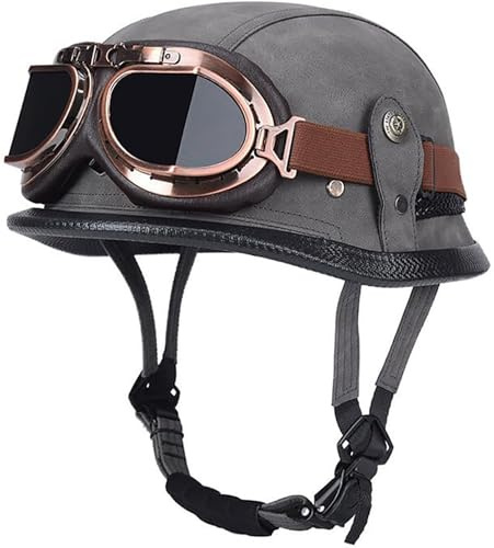 RCGNR Motorcykelhalvhjälm i tysk stil för vuxna män kvinnor, vintage motorcykelhjälmar med halvansikte + glasögon för Cruiser Scooter Chopper, DOT-godkänd,Gray,M