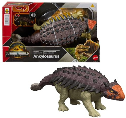Mattel Jurassic World La Rinascita Anchilosauro Ruggito Selvaggio, action figure snodata del dinosauro con attacco multiplo della testa azionato con la coda e suoni, gioco digitale, JGB90