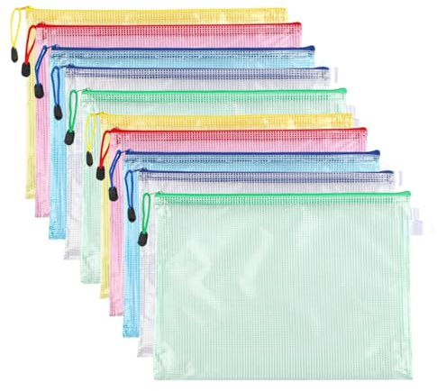 A4 dokumentficka, 5 färger transparent PVC-dokumentmapp, blixtlåsficka, nätficka för resor, kontor, resor, tillbehör (10 st)