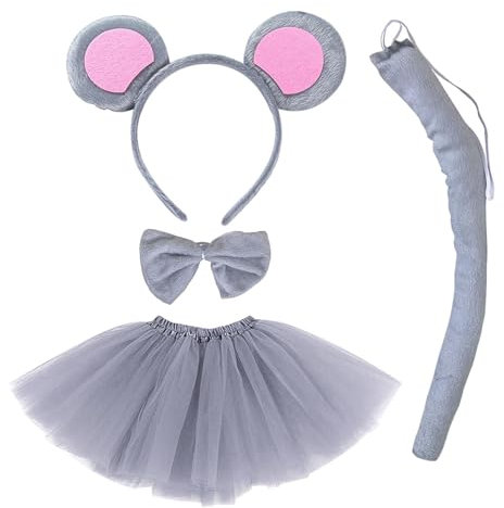 ZKFSIE 4PCS Minnie Mouse Kids Costume Set, Grey Cartoon Animal Ears Headband Tail Tutu Skirt, Unisex Kids Halloween Party Costume Accessories