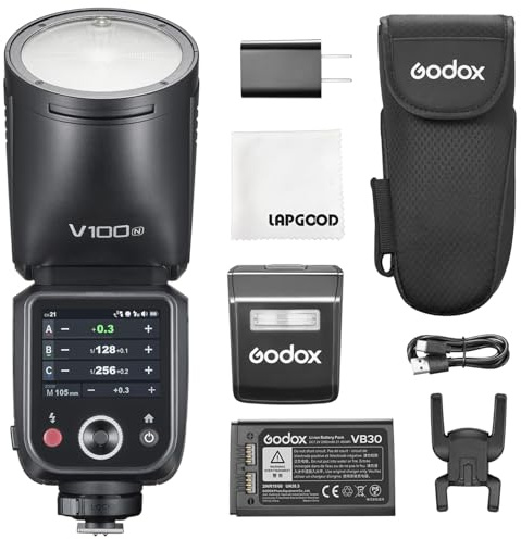 Godox V100-N 100W TTL Kamerablitz für Nikon,Godox V1Pro N Aufgerüstet | V100 N Blitz mit 2.4G Wireless Rundkopf Kamerablitz mit Externer Blitz SU-1,HSS 1/8000s 2980mAh Lithium Batterie Blitzgeräte