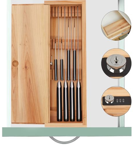 Amcortn Knife Lock Box - Kitchen Knife Storage Box, Kids Safe In Drawer Knife Block, Wooden Sharp Knives Holder & Organizer, Multi Purpose Lock Box, Knife Storage Alternative (Knives Not Included)
