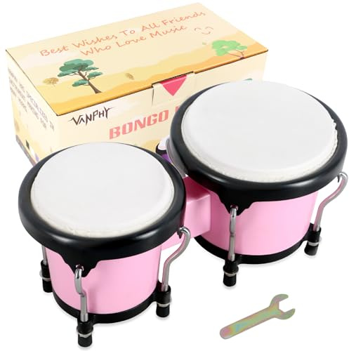 VANPHY Bongo Drum - Juego de bongos de percusión de 4 y 5 pulgadas para niños, adultos, principiantes, con llave de afinación (rosa)