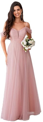 Ever-Pretty Robe de Demoiselle d'honneur Maxi Tulle Col V Épaules Dénudées Rose 42