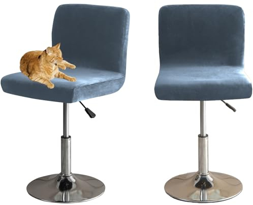 HOMECOVER Barhocker Bezüge Mit Rückenlehne, Stretch Samt Stoff Barhocker Stuhlbezüge Abnehmbar Niedriger Rücken Schwenkbare Stuhlbezug-grau Blau-2er Set