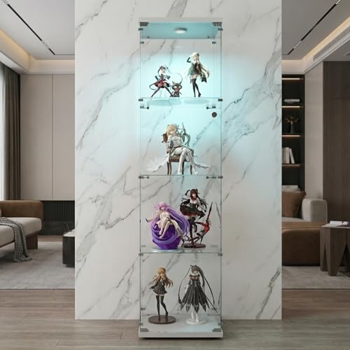 KOOPMAD glasvitrinskåp, vitrinskåp, glas med LED-ljus och lås, skåp för samling, vitrinskåp för vardagsrum, sovrum, 42 x 36 x 164 cm, 1 dörr, 4 våningar, vit