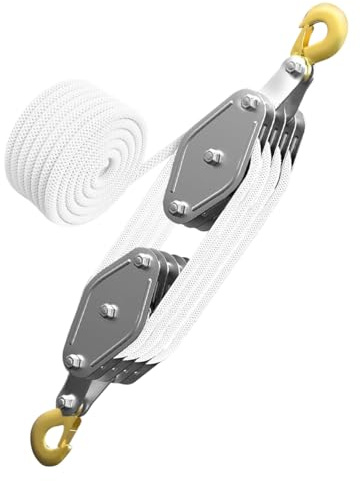 Boolico Schwerlast Flaschenzug 4-Fach mit Seilbremse, 1000 kg max., 20 m PP-Seil, Handseilzug 8:1 bis 2,5 m Hubhöhe