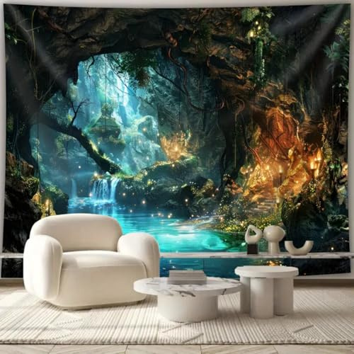 Arsey Wandteppich Magischer Wald, Mystischer Wasserfall- und Leuchtenden Pilz-Design Wandtuch, Wandteppiche Aesthetic Deko Wohnzimmer Schlafzimmer, Wandtücher groß, 300 x 200cm