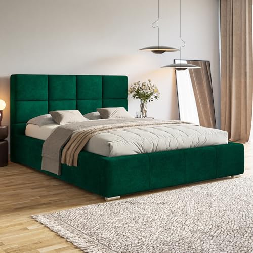 MOTIVENA Luna Bett 160x200 Grün Samt, mit Stauraum, mit Kopfteil, mit Lattenrost, mit Füßen, mit Matratze H3/H4, Polsterbett 160x200 mit Bettkasten Grün (Dunkelgrün)