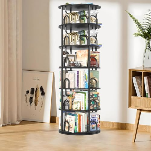 Roterande bokhylla, 360° display snurrande bokhylla, bokorganisatör, golvstående bokhyllor för små utrymmen, hörnbokhylla för sovrum, vardagsrum, arbetsrum (A, 6 Nivåer)
