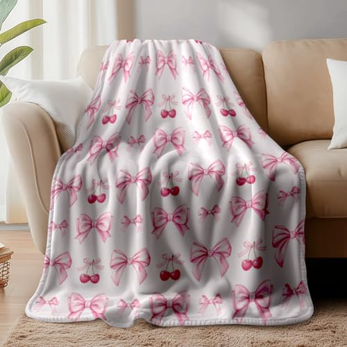 WADORN Rosa Schleifen Kirsche Decke Niedliche, Überwurfdecken Mit Schleifen Kirschen Ästhetisch Flauschig Weich Flanell Fleecedecke Geschenke Für Büro Sofa Couch Reisen Urlaub Zuhause 150x130cm