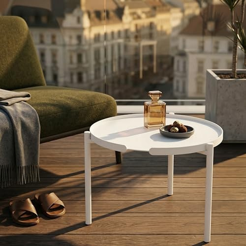 Siqual Design Couchtisch rund höhenverstellbar, pulverbeschichtet, wetterfest & rostfrei – Kaffeetisch für Wohnzimmer, Balkon & Garten aus Aluminium, sorgfältig gefertigt in der EU - ORBIS (Weiß)