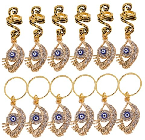 LRXIYODE 12 Pièces Anneaux de Dreadlocks Spirale avec Pendentif Œil Maléfique Accessoires de Cheveux Tressés Bijoux de Noël pour Dreadlocks et Tresses Ornements Capillaires Adaptables