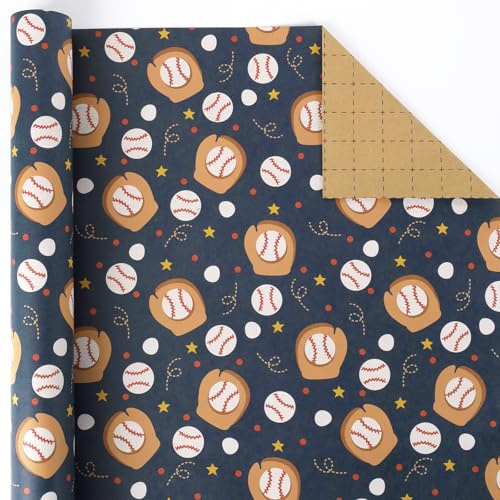 BIOBROWN Baseballkraftpresentpapper för barn, 43 cm x 10 m, sportpresentpapper med baseballhandske och bollmotiv – födelsedagspresentpapper för födelsedagar, fester, helgdagar, pojkar och flickor
