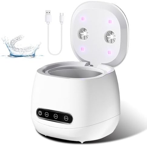 Pulitore ad ultrasuoni 45000 Hz, 200 ml, pulitore a ultrasuoni per parentesi graffe, pulitore paradenti con lampada UV, detergente ultrasonic per protesi, retainer, allineatore, gioielli