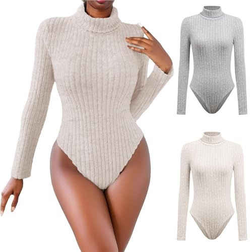 Body para mujer elegante de manga larga engrosada - Sexy de punto acanalado bodysuit de cuello alto mono de moda ajustado para mujer mono de una pieza mono térmico bodies manga larga suave y cómoda