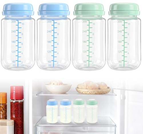 Lot de 4 bouteilles de stockage de lait maternel de 300 ml pour réfrigérateur - Récipient large pour l'allaitement en voyage