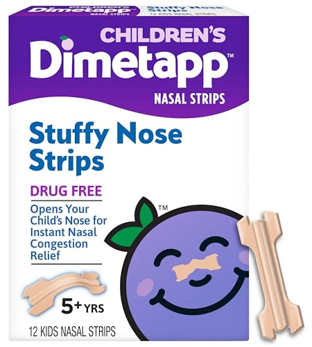 Dimetapp Lot de 12 bandes nasales bouchées pour enfants, sans médicament, soulagement instantané de la congestion nasale pour aider les enfants à mieux respirer de jour comme de nuit