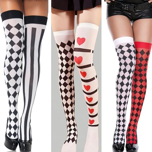 THXFUNAREA 3 Pares de Medias Carnaval Rayadas y Arlequín para Mujer – Perfectas para Cosplay, Fiestas y Carnaval