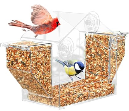 Jubepk Vogelfutterstation für Fenster – transparenter Saugnapf Finken Futterbox – Eichhörnchensicher Acryl Vogelfutterspender – für Finken, Fenster, Garten, Beobachtung, Balkon