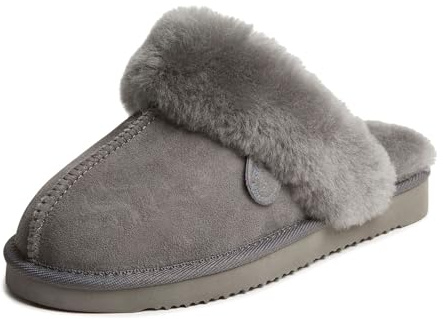 Dearfoams Women's Fireside Sydney Shearling Fur Indoor/Outdoor Scuff Slipper with Wide Widths, Grey, 10