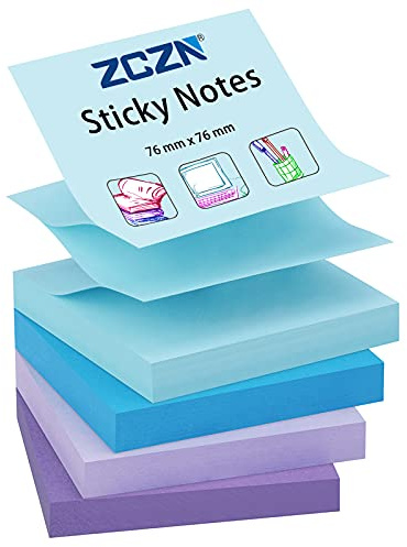 ZCZN Pop-up Sticky Notes 76 x 76 mm, 4 Pads Assorted Colours Self-Stick Notes, 100 Sheets/Pad, (Blue, Light Blue, Purple, Light Purple)