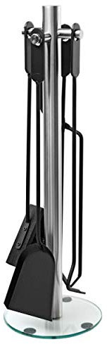 raik Kaminbesteck Cajus 4-teilig Edelstahl Kamingarnitur mit Glassockel Schaufel Besen Schürhaken Kaminzange elegant minimalistisch modern 66x20 cm