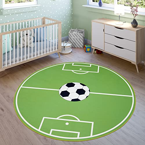 Paco Home Teppich Kinderzimmer Kinderteppich Spielteppich Fußballteppich Jungen Mädchen Modern Grün, Grösse:Ø 200 cm Rund