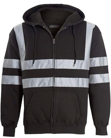 shelikes Mens Hi Vis Jacket Fleece Work Hoodie Zip Up High Viz Hooded Sweatshirt Safety Jackets Black