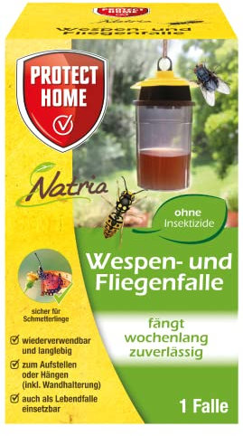 PROTECT HOME Natria - Trappola per vespe e mosche senza veleno, 1 trappola per vespe e vespe, include staffa da parete (non include liquido)