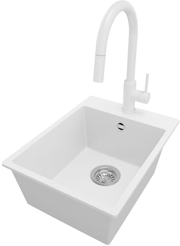 PRIMAGRAN Fregadero Granito al Mueble 40cm + Grifo, 38x50cm | Set: Grifo BW9010 + Kit de desagüe (sifón, válvula, rebosadero) + Riga 1 Seno para Cocina, Blanco
