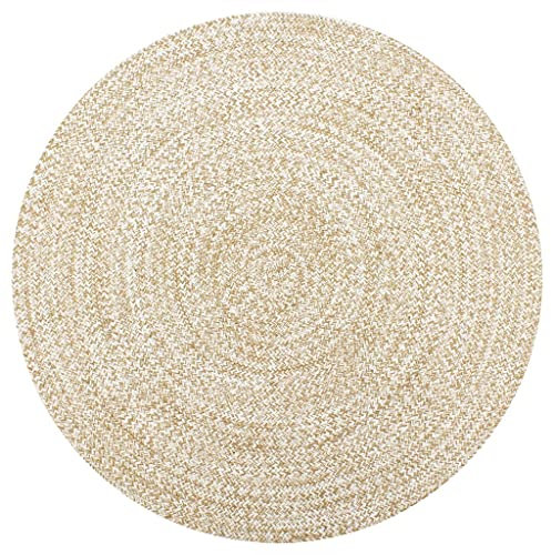 Ksodgun Teppich Handgefertigt Jute Handwebteppich Juteteppich Anti-Rutsch-Spielmatte Weiß und Natur 90 cm