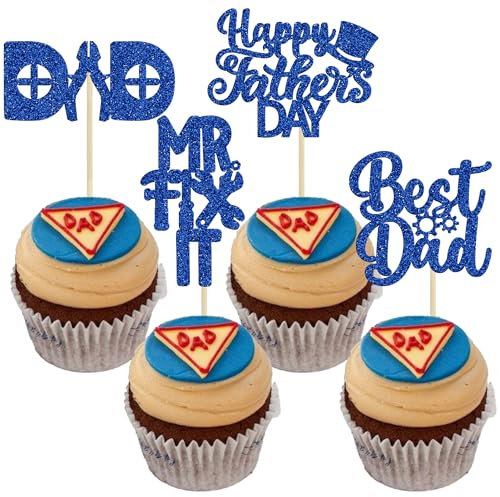 24 PCS Happy Father's Day Cupcake Toppers with Hat Tool Theme Blue Glitter Best Dad Cupcake Picks Dad Birthday Decorations for Father's Day Dad Birthday Party Supply