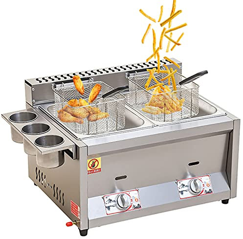 Deep Fat Fryer, Stainless Steel LPG Fryer, Stainless Steel Fat Fryer With Removable Basket, Freestanding Temperature Control, With Lid (Natural Gas Single tank) ((Lpg) Double tank)