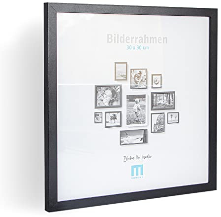 Zeitlos, moderner Bilderrahmen aus MDF, schwarz für 30x30 cm kleine Fotos und Bilder. Inkl. Acrylglasschutz. Er eignet sich als Tisch-Aufsteller und für die Wand, im Hochformat oder Querformat.