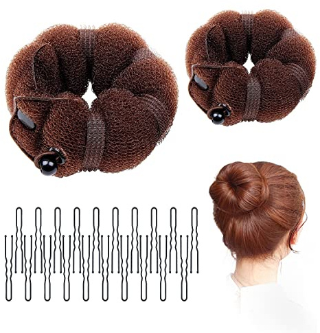 BEIIEB 2 Stück Duttmacher für Haare, brauner Schwamm, Donut-Ring, Styler, Duttmacher, einfaches Dutt-Maker-Werkzeug mit Druckknöpfen und Haarband, DIY-Dutt-Styling, 2 Größen, mit 20 Stück U-Clips.
