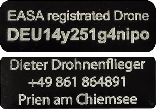 Drohnenkennzeichen 2er Set für DJI Lito, NEO, Mini Serie, Avata 360 - EASA registrated Drone - Feuerfeste Plaketten, Drohnen Schilder e-ID und Adresse, 2 Stück 20x8mm, schwarz oder silber; Aluminium