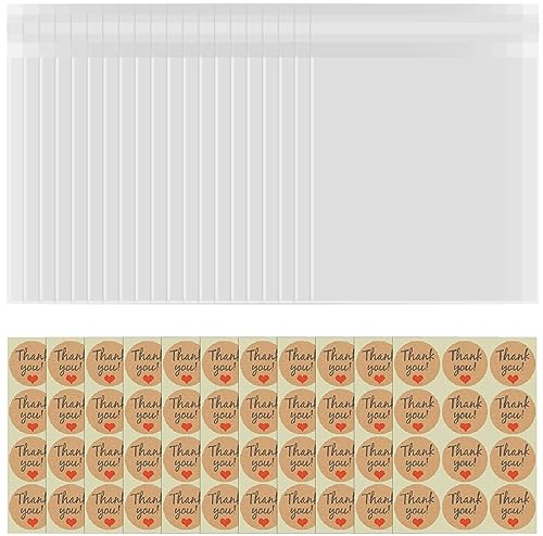 100Pcs Clear Cellophane Bags, Self Adhesive Cellophane Cookie Bags with 120Pcs Stickers Bag for Swtees, Bakery, Cookie, Candies, Biscuit, Cards, Gigt and Dessert (12 * 16cm)
